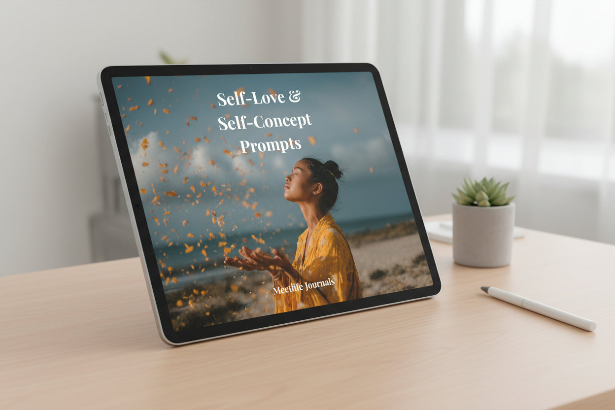 Woman in yellow dress on beach with 'Self-Love & Self-Concept Prompts' text overlay