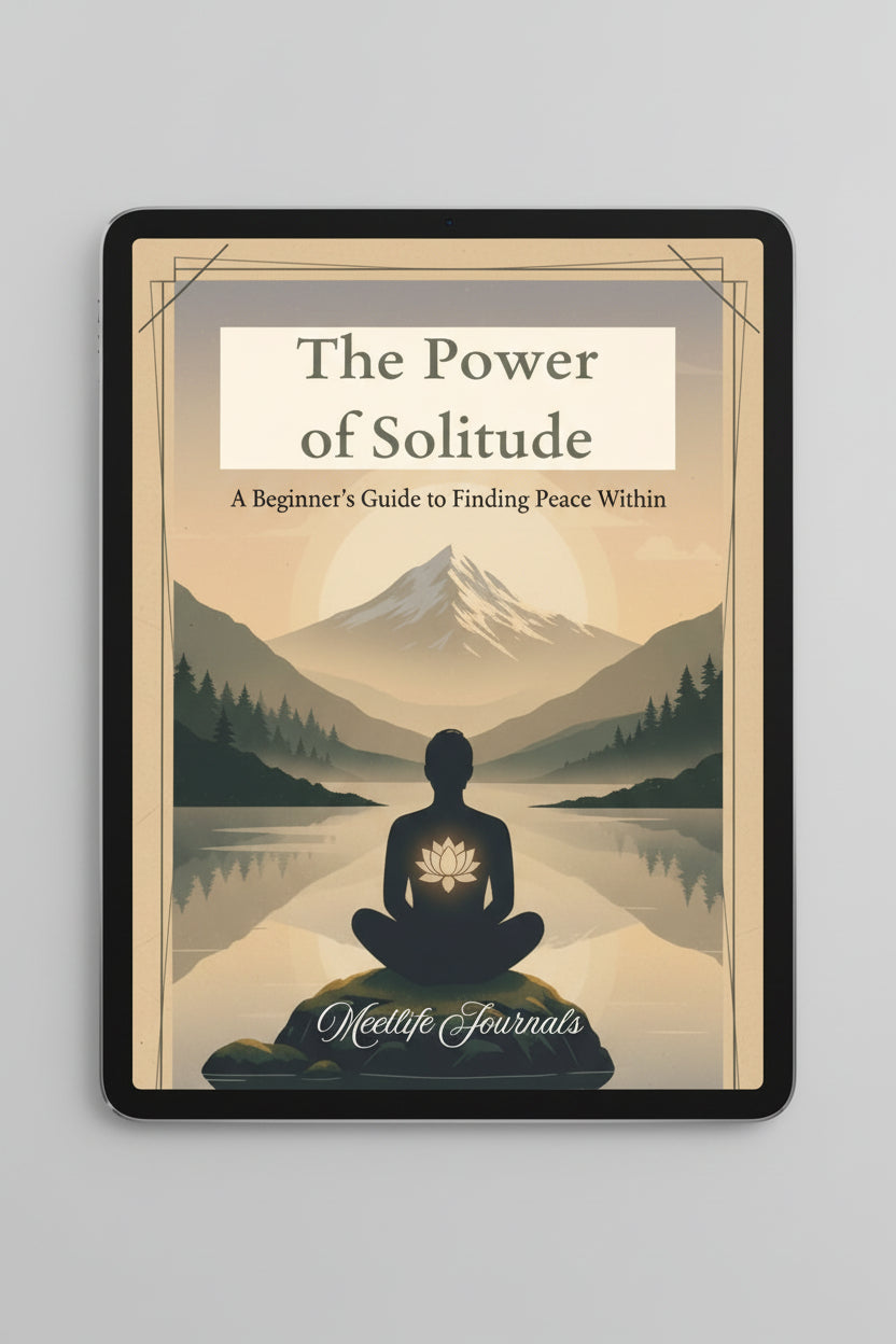 Book cover of 'The Power of Solitude' with a person meditating by a lake and mountains.
